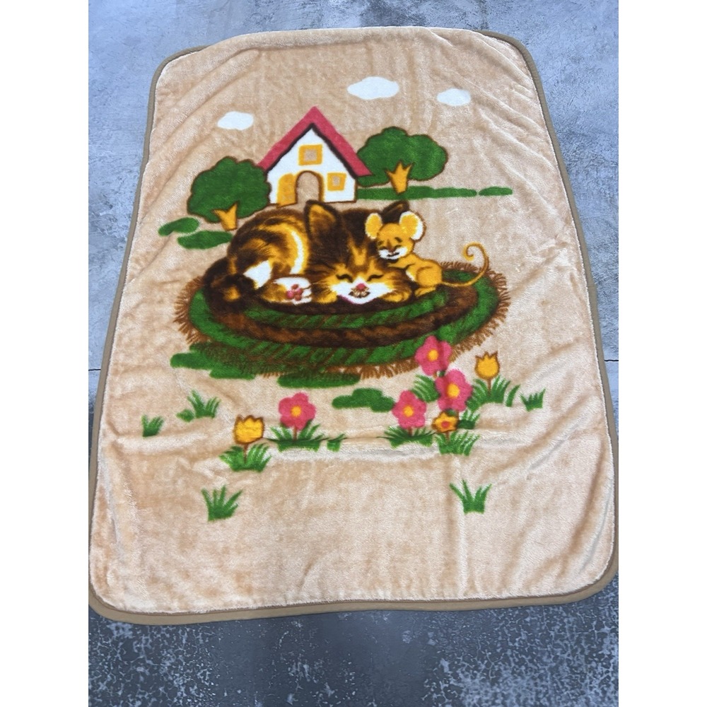 Vintage Kitschy Brown Cat Mouse House Blanket Minky Fleece Plush Throw 57 X 38